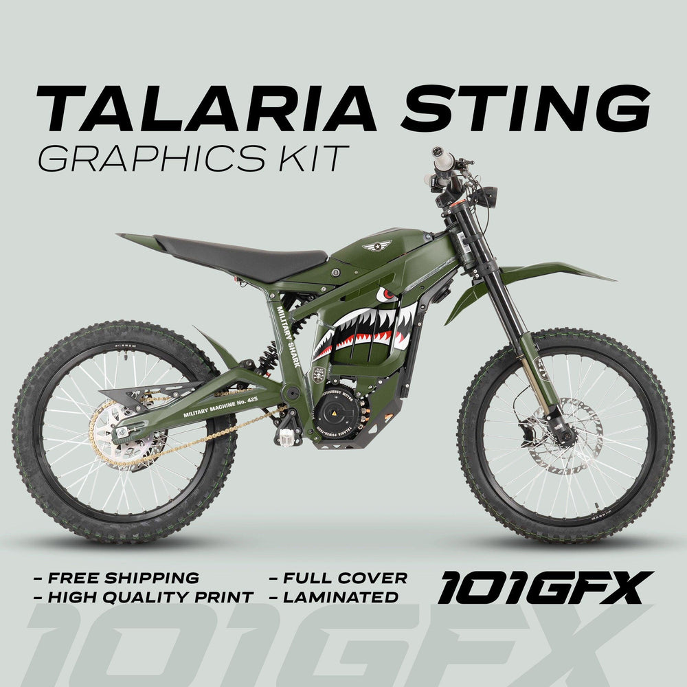 Talaria Sting MX3 MX4 Graphics Kit MILITARY SHARK Olive on green e-motocross bike with shark-mouth decal; features include free shipping, high quality, full cover, laminated.