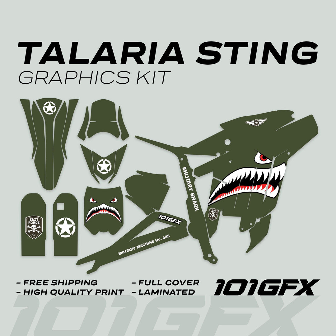 Talaria Sting MX3 MX4 Graphics Kit MILITARY SHARK Olive with olive-green vinyl decals, shark-mouth artwork, and badges, highlighting durability and style with free shipping.