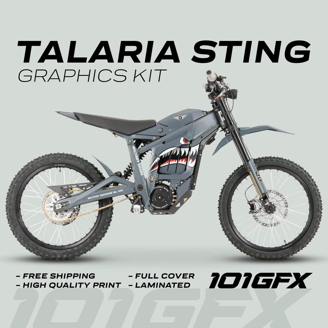Talaria Sting MX3 MX4 Graphics Kit MILITARY SHARK Grey featuring a shark-mouth decal on a military-gray bike, highlighting free shipping, high-quality print, full cover, laminated finish.