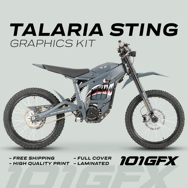 Talaria Sting MX3 MX4 Graphics Kit MILITARY SHARK Grey featuring a shark-mouth decal on a military-gray bike, highlighting free shipping, high-quality print, full cover, laminated finish.