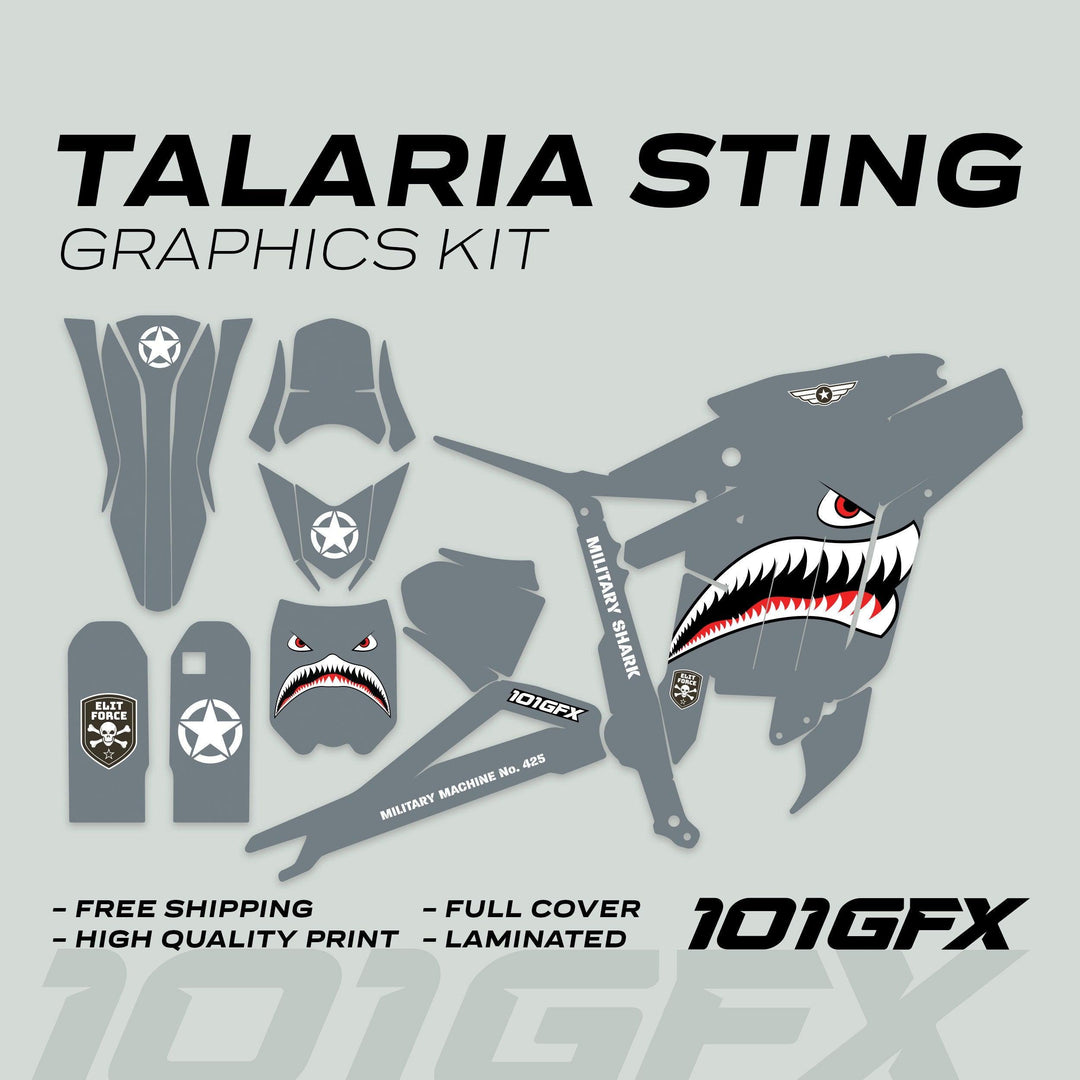 Talaria Sting MX3 MX4 Graphics Kit MILITARY SHARK Grey, featuring shark-mouth graphics, U.S. star roundels, and ELIT FORCE emblem, pre-cut vinyl pieces for easy installation.
