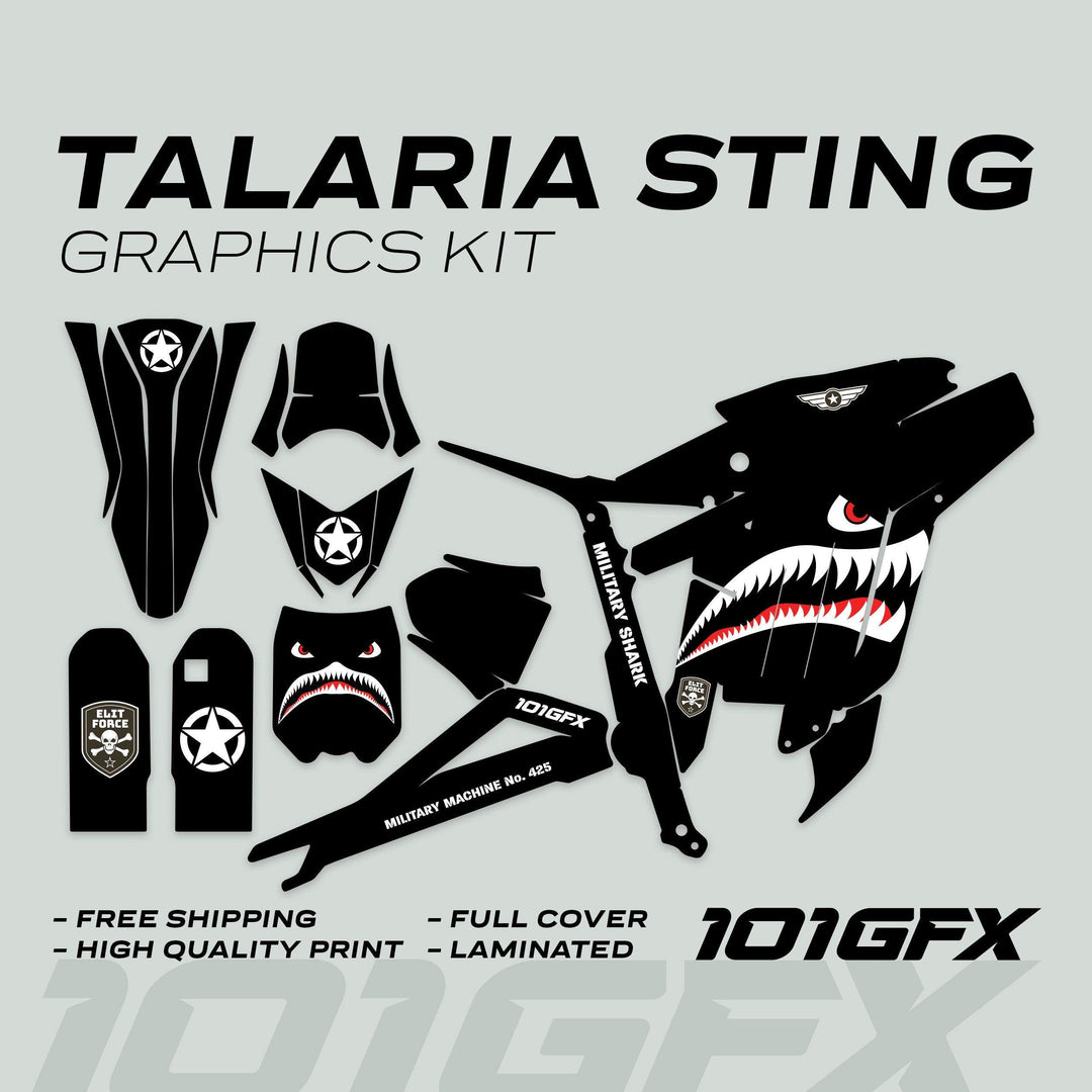 Talaria Sting MX3 MX4 Graphics Kit with military shark theme, featuring pre-cut vinyl decals for fenders, shrouds, and more, enhancing style and durability.