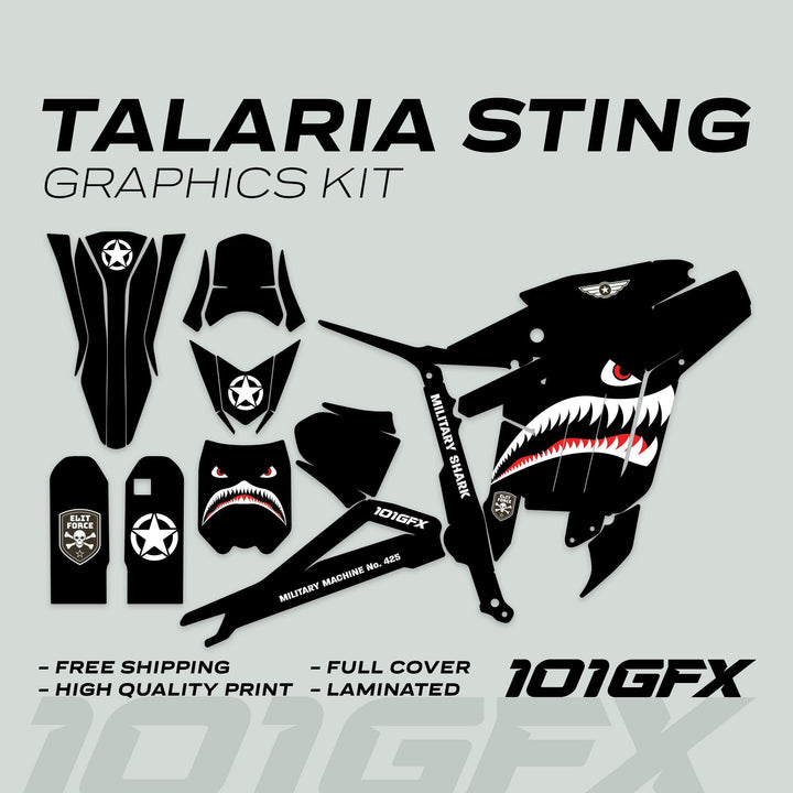 Talaria Sting MX3 MX4 Graphics Kit with military shark theme, featuring pre-cut vinyl decals for fenders, shrouds, and more, enhancing style and durability.