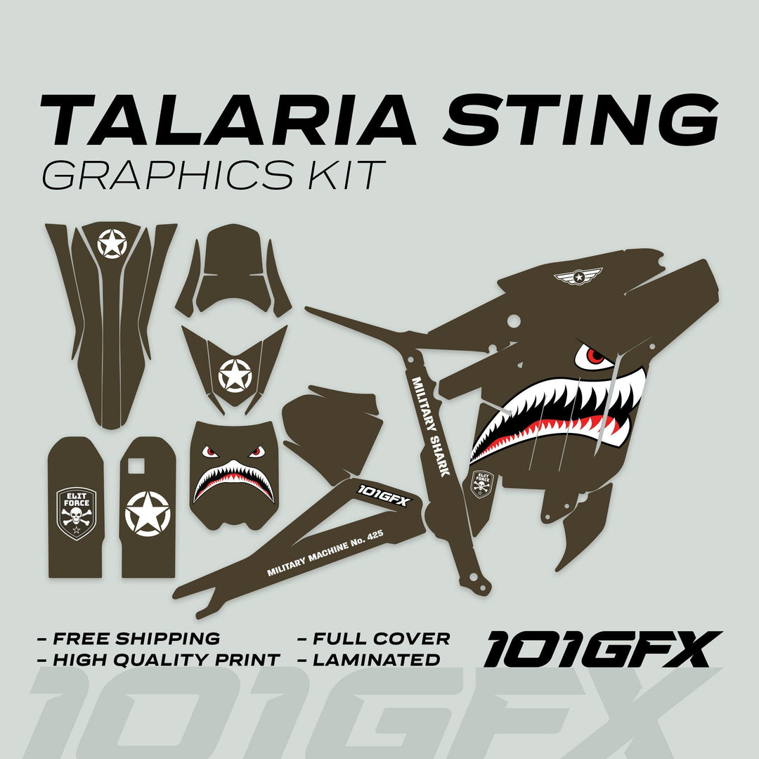 Talaria Sting MX3 MX4 Graphics Kit MILITARY SHARK Brown featuring olive-drab panels, shark mouth graphics, and military-themed stenciling for a bold, durable vehicle transformation.