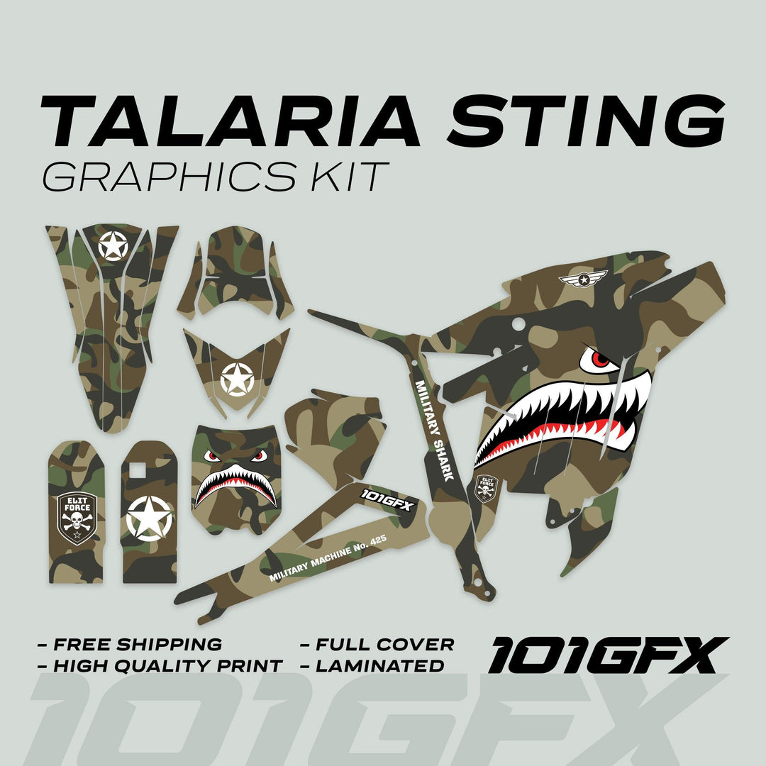 Talaria Sting MX3 MX4 Graphics Kit MILITARY SHARK CAMO features die-cut vinyl panels with shark-mouth motif, military insignia, and 101GFX branding, emphasizing durability and style.