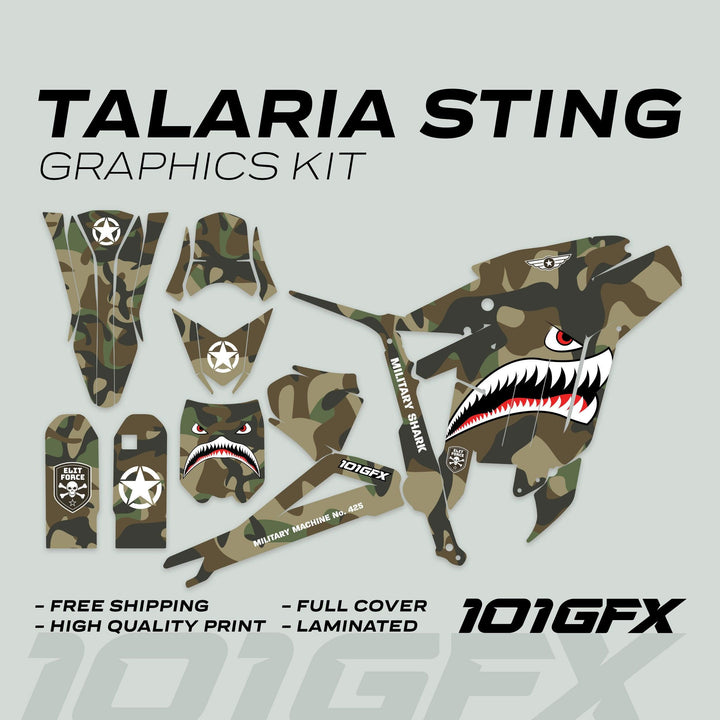 Talaria Sting MX3 MX4 Graphics Kit MILITARY SHARK CAMO features die-cut vinyl panels with shark-mouth motif, military insignia, and 101GFX branding, emphasizing durability and style.
