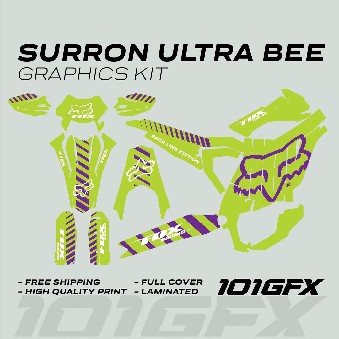 Surron Ultra Bee Graphics Kit FOX RACE LINE Green Purple, showcasing lime-green and purple decals with Fox Racing logos, includes fender tops and side panels.