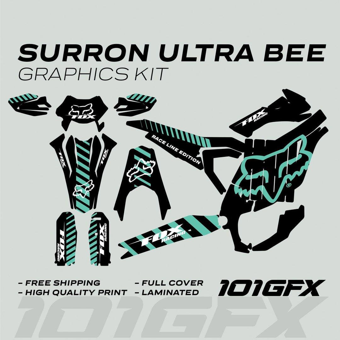Surron Ultra Bee Graphics Kit FOX RACE LINE Black Mint featuring black-and-teal decals with Fox Racing branding, designed for full coverage and easy application on the bike.