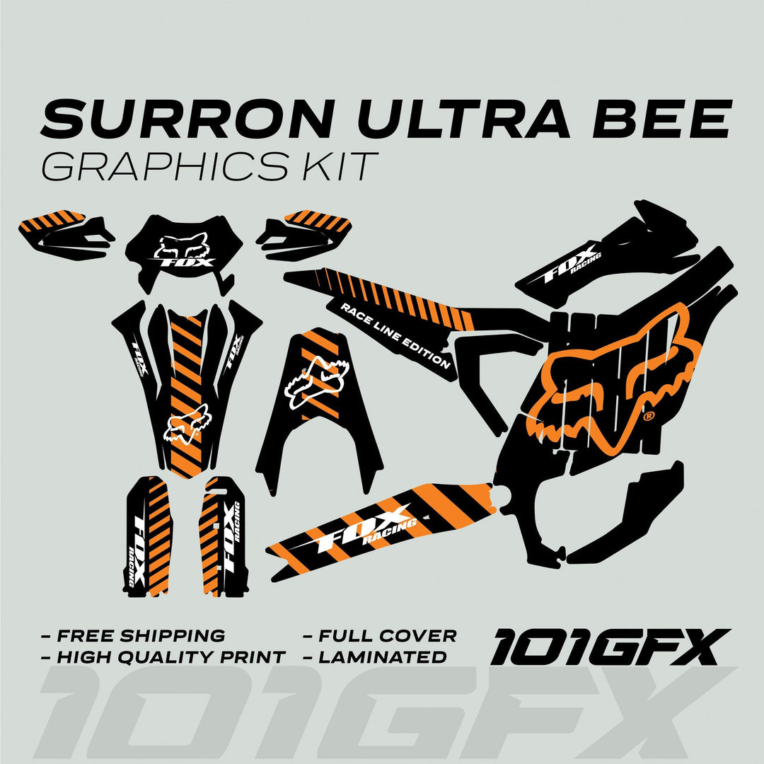 Surron Ultra Bee Graphics Kit FOX RACE LINE Black Orange, featuring black-and-orange vinyl decals with Fox Racing logo, displayed with shrouds, fork guards, and swingarm panels.