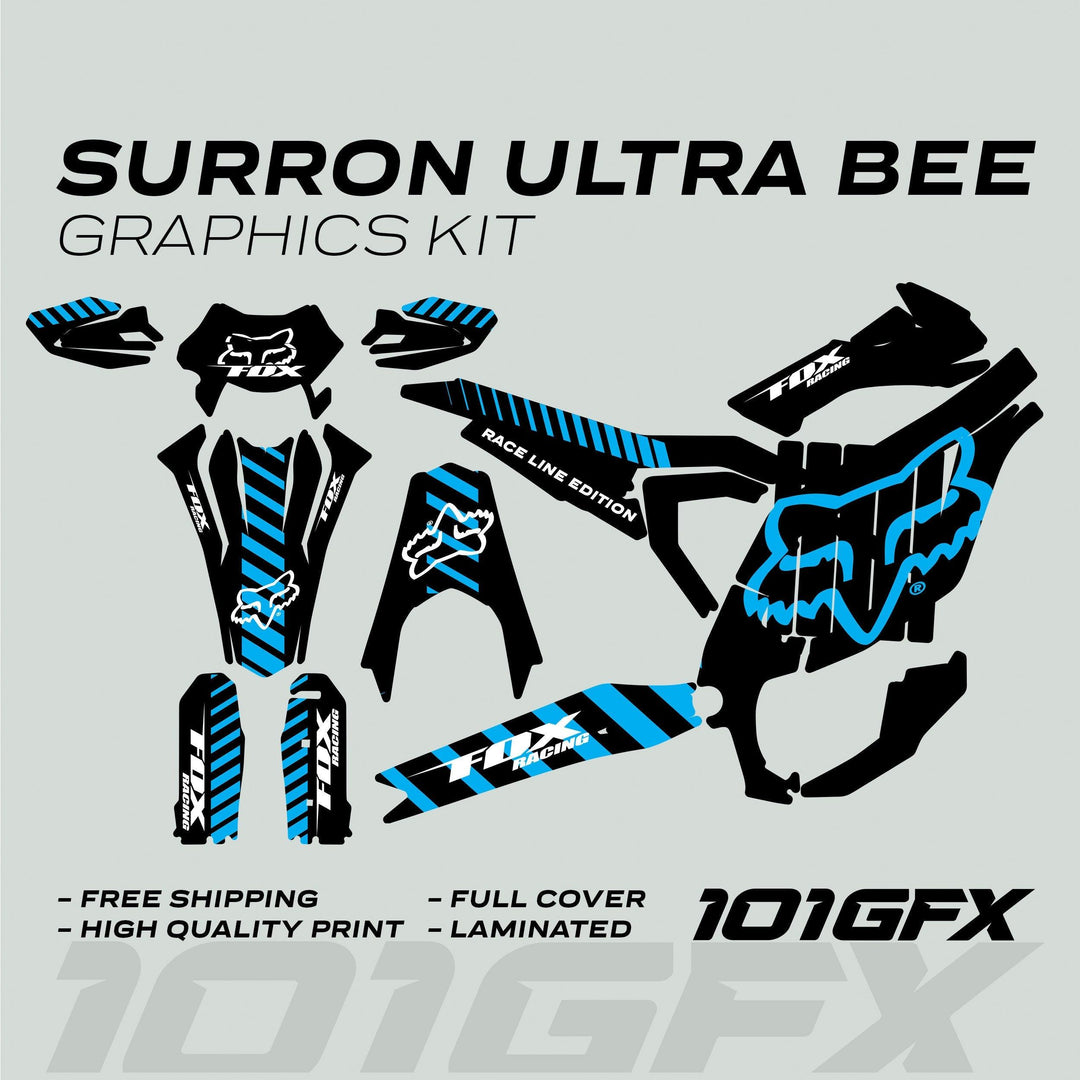 Surron Ultra Bee Graphics Kit FOX RACE LINE Black Cyan with pre-cut decals, Fox Racing logos, and marketing call-outs for free shipping and high-quality print.