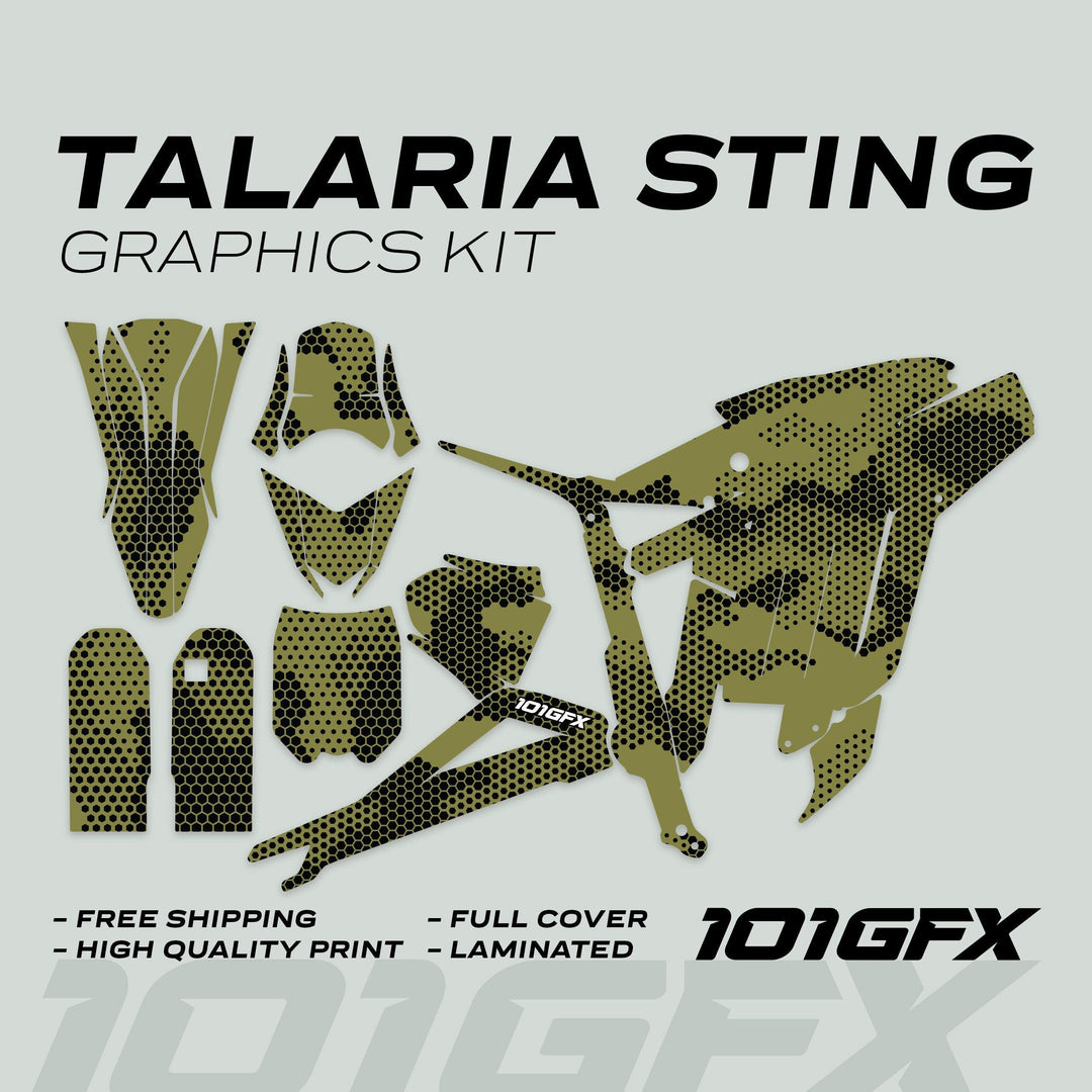 Talaria Sting MX3 MX4 Graphics Kit HEXOCAM Olive decals laid out, showcasing olive-green honeycomb design; features highlighted include free shipping, high-quality print, full cover, laminated.
