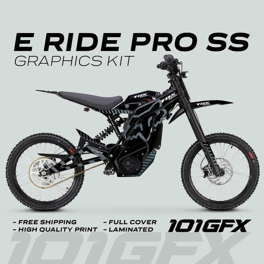 E Ride Pro SS Graphics Kit showcasing sleek FOX branding, black and grey wrap on an electric bike, emphasizing quality print, full cover, and laminated durability.