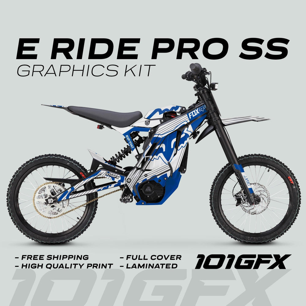 E Ride Pro SS Graphics Kit featuring FOX R stripes with knobby tires, electric drive, and bold blue-white design, emphasizing durability and style for off-road motorcycles.
