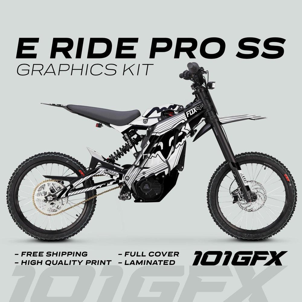 E Ride Pro SS Graphics Kit FOX R Stripes White Black on electric dirt bike, showcasing laminated decals, free shipping, high-quality print, full cover for enhanced style and performance.