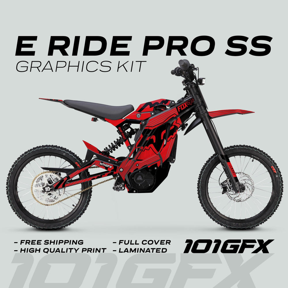 E Ride Pro SS Graphics Kit FOX R Stripes Red Black displayed on an electric dirt bike, featuring free shipping, durability, and easy application.