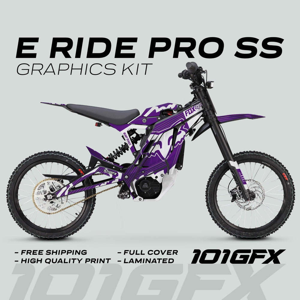E Ride Pro SS Graphics Kit FOX R Stripes Purple White on electric dirt bike, featuring free shipping, high-quality print, full cover, and laminated design.