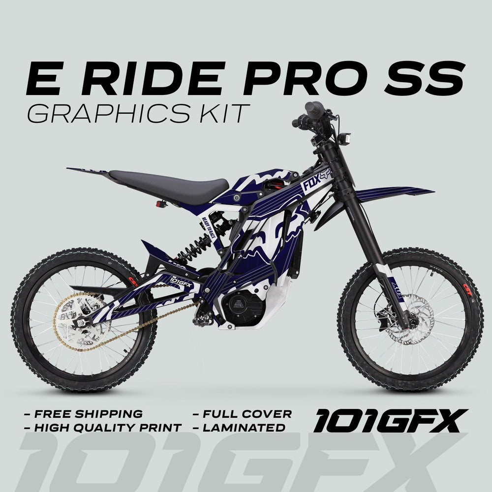 E Ride Pro SS Graphics Kit FOX R Stripes Navy White on electric dirt bike, featuring custom decals with free shipping, high-quality print, and laminated finish for durability.
