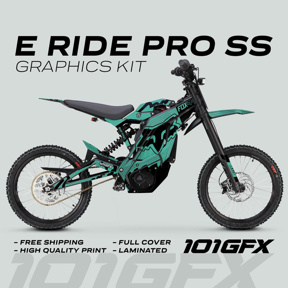 E Ride Pro SS Graphics Kit FOX R Stripes Mint Black displayed on an electric motocross bike, highlighting the teal-and-black decal design and promotional features.