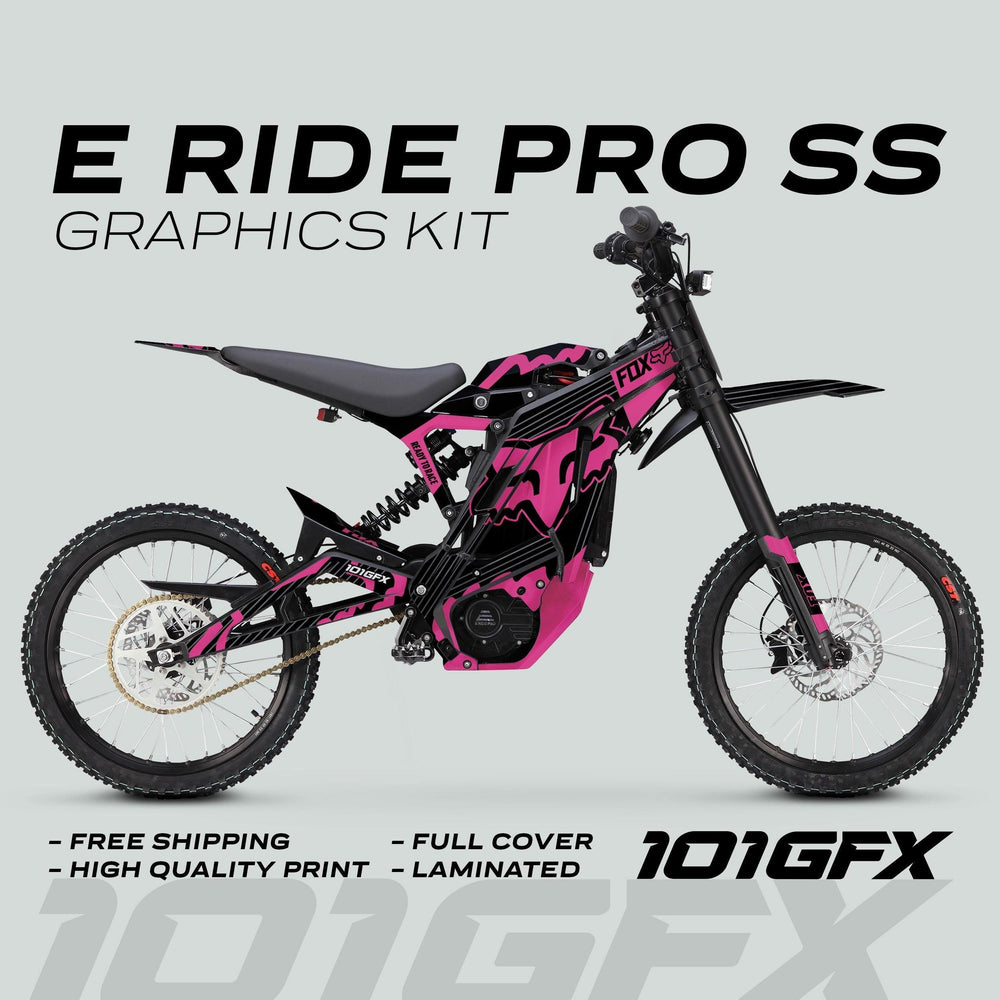 E Ride Pro SS Graphics Kit with FOX R stripes, showcasing a pink-and-black livery on an electric dirt bike; includes full-cover, laminated decals with free shipping.