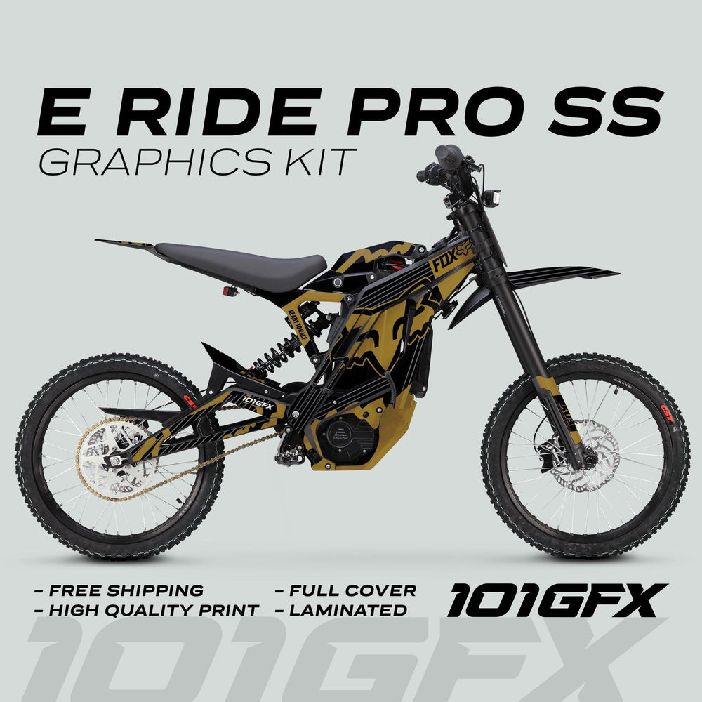 E Ride Pro SS Graphics Kit FOX R Stripes Black Gold on an electric off-road bike, emphasizing bold black and gold design with FOX Racing branding.