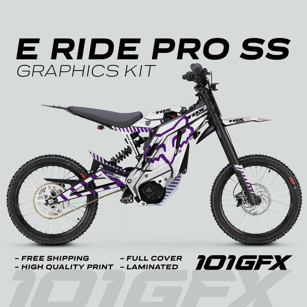 E Ride Pro SS Graphics Kit FOX Race Line White Purple on an electric off-road motorcycle, highlighting vibrant, full-cover design with durable, high-quality, laminated decals.