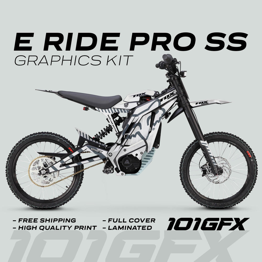 E Ride Pro SS Graphics Kit features a sleek electric motocross bike in custom white/gray/black design, highlighting durability and style with free shipping and high-quality print.