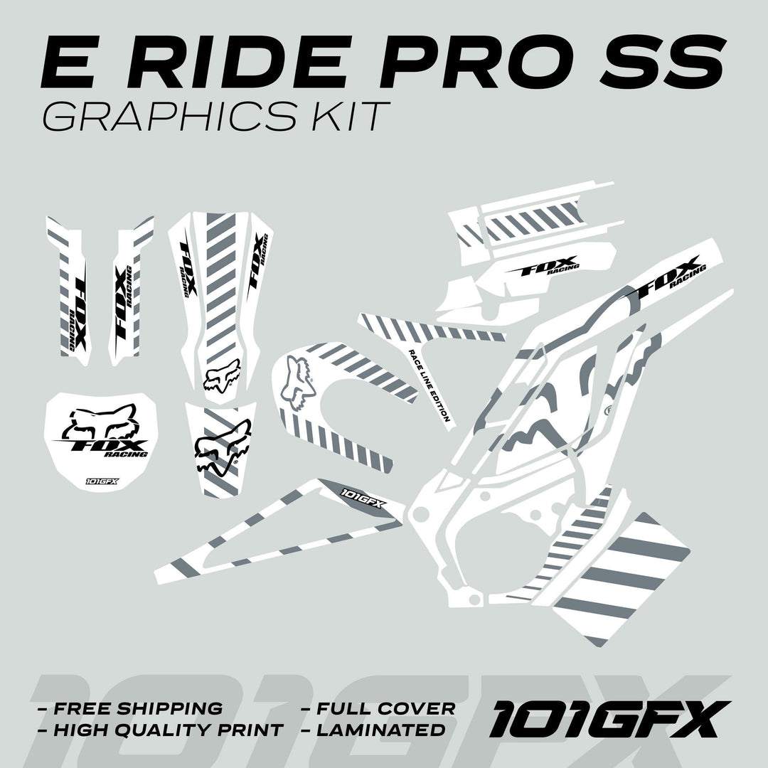 E Ride Pro SS Graphics Kit FOX Race Line White Grey, showcasing die-cut decals for electric mountain bikes with a sleek, durable, white and grey striped design.