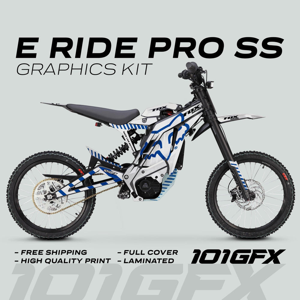 E Ride Pro SS Graphics Kit FOX Race Line decals in white, blue, black, showcased on an electric dirt bike, promoting durability, easy application, and high-quality print.