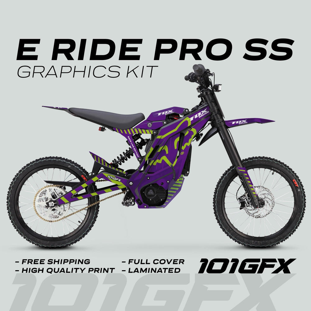 E Ride Pro SS Graphics Kit FOX Race Line features a vibrant purple-and-lime wrap for the bike's frame, battery box, and fenders, ensuring style and durability.