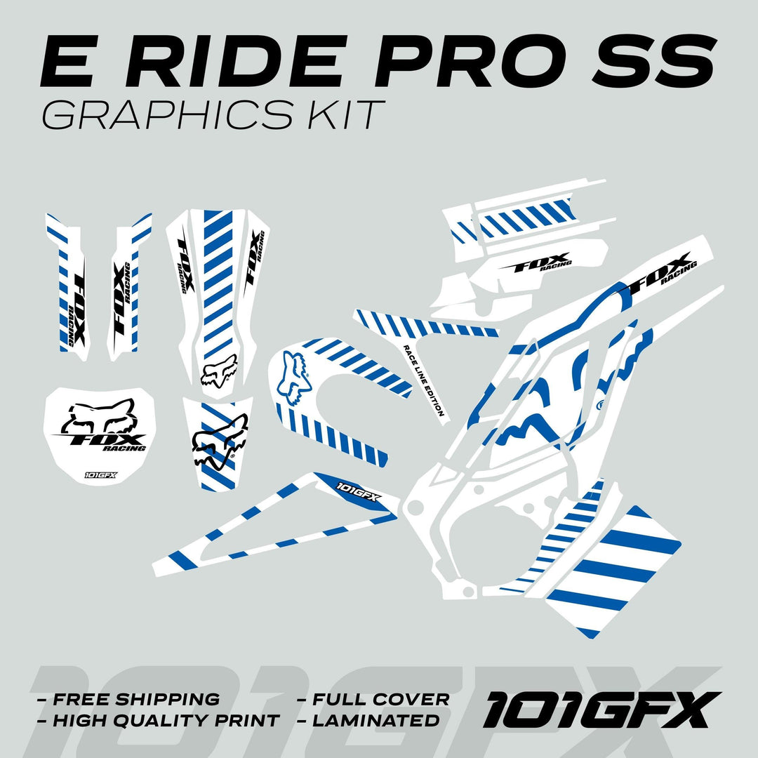 E Ride Pro SS Graphics Kit FOX Race Line White Blue, showcasing individual stickers with Fox logos, blue stripes, and quality features like durability and easy application.