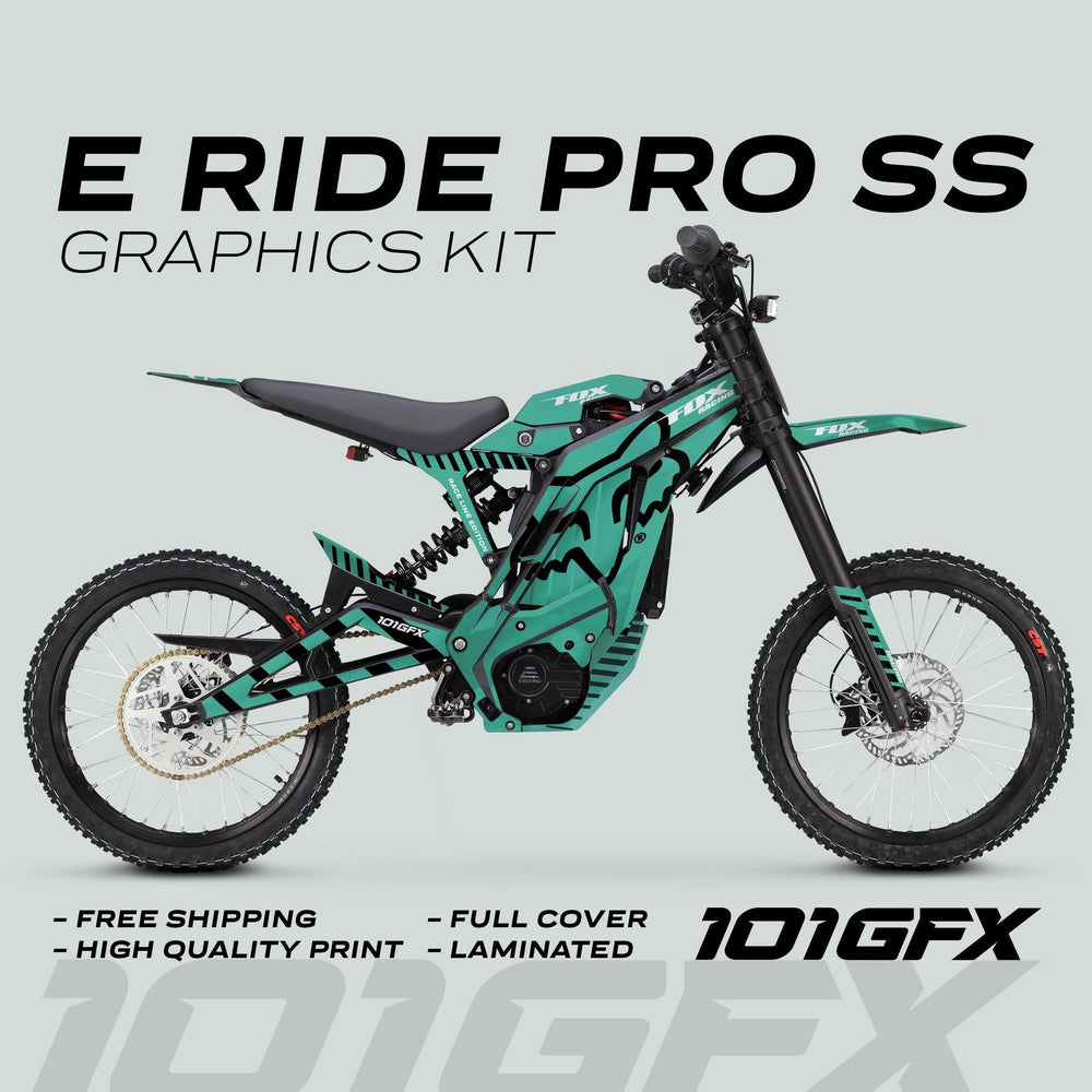 Side view of an electric off-road bike with E Ride Pro SS Graphics Kit FOX Race Line Mint Black, showcasing teal-and-black decals for full coverage and style.