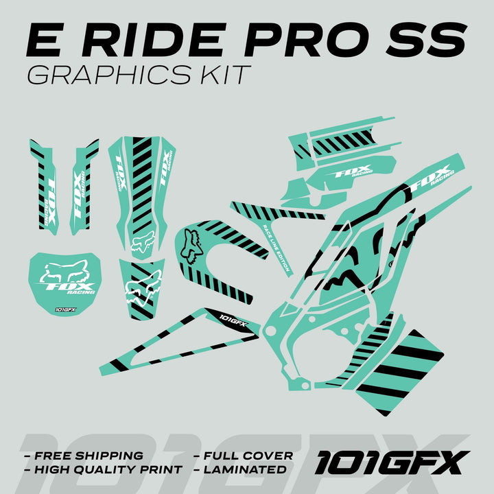 E Ride Pro SS Graphics Kit FOX Race Line Mint Black featuring teal-and-black decals with Fox Racing logo, highlighting durability, easy installation, and stylish mint-black aesthetic.