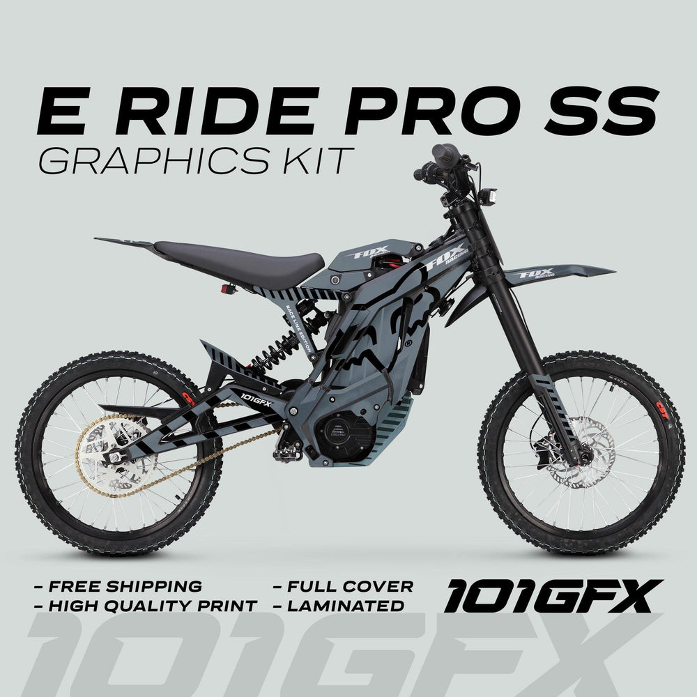 E Ride Pro SS Graphics Kit FOX Race Line Grey Black displayed on an electric dirt-bike, highlighting free shipping, high-quality print, full-cover, and laminated features.