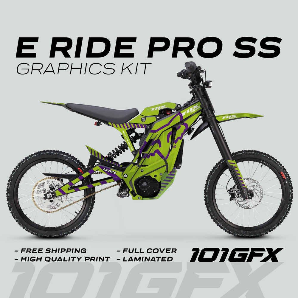 E Ride Pro SS Graphics Kit FOX Race Line Green Purple on electric off-road bike, showcasing vibrant decals, emphasizing free shipping, high quality, full cover, and lamination.