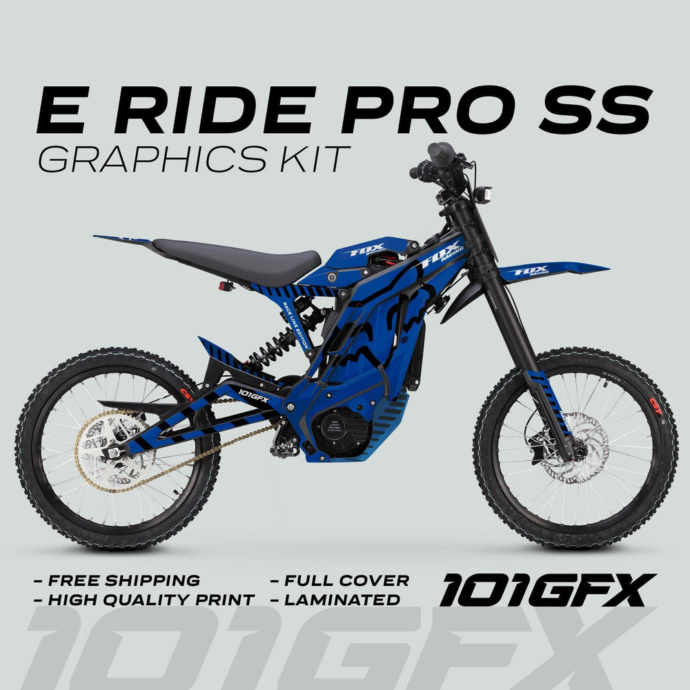 E Ride Pro SS Graphics Kit FOX Race Line Blue Black displayed on a bike, showcasing full-cover, laminated decals with Fox Racing components and 101GFX branding.