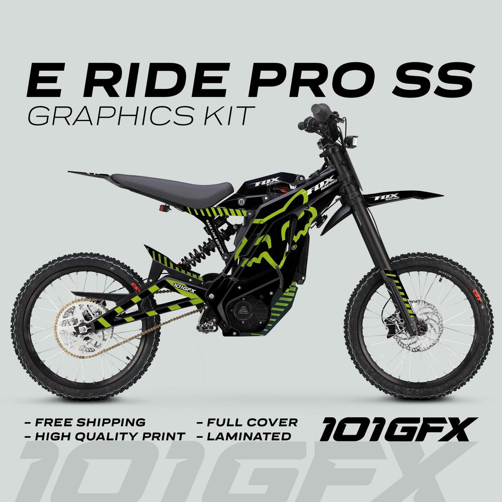 Custom graphics kit for E Ride Pro SS, showcasing black and neon-green decals, emphasizing durability and easy installation, with 101GFX branding in the corner.