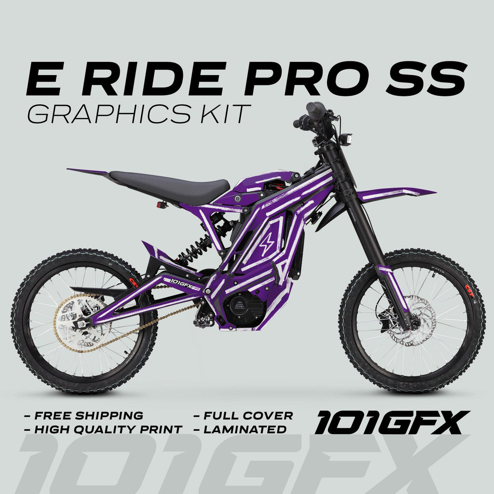 E Ride Pro SS Graphics Kit BRUSH Purple White on electric off-road motorcycle, featuring purple/white decals, full-cover, laminated, with free shipping and high-quality print.
