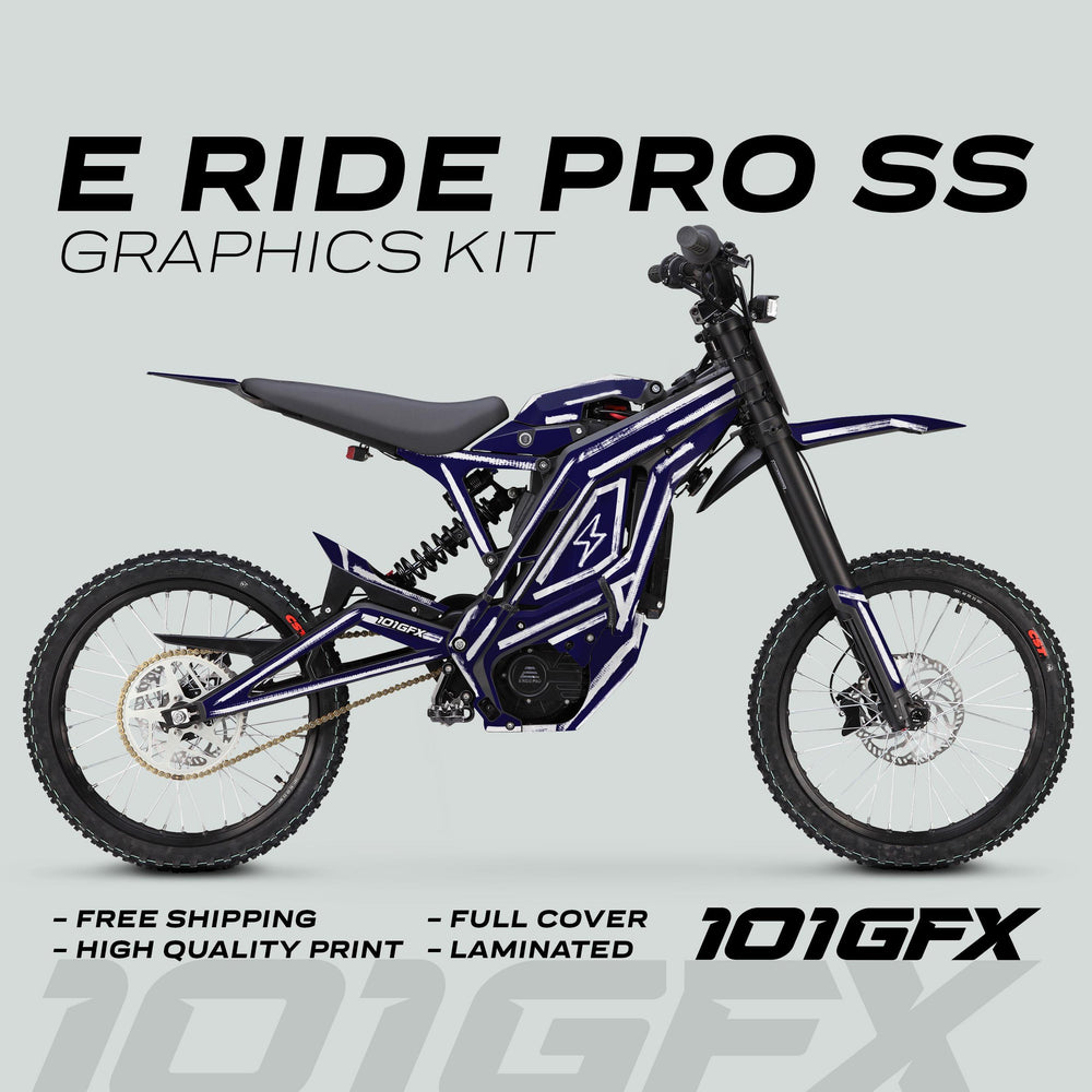 E Ride Pro SS Graphics Kit BRUSH Navy White on electric bike, featuring blue-and-white vinyl with lightning-bolt logo, emphasizing durability and precise fit for customization.