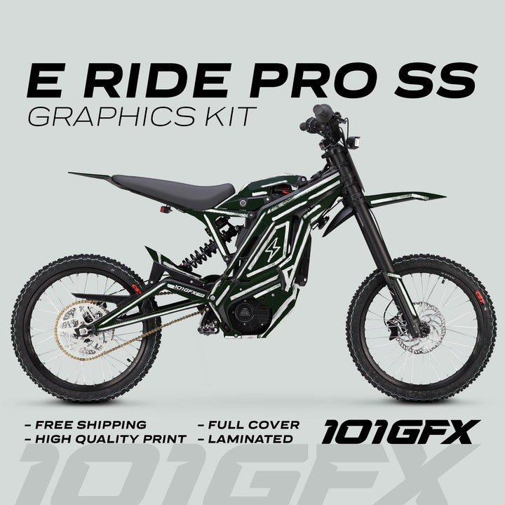 E Ride Pro SS Graphics Kit BRUSH Greenish White on electric dirt-bike, showcasing bold design with free shipping, high-quality print, full cover, laminated, 101GFX logo.