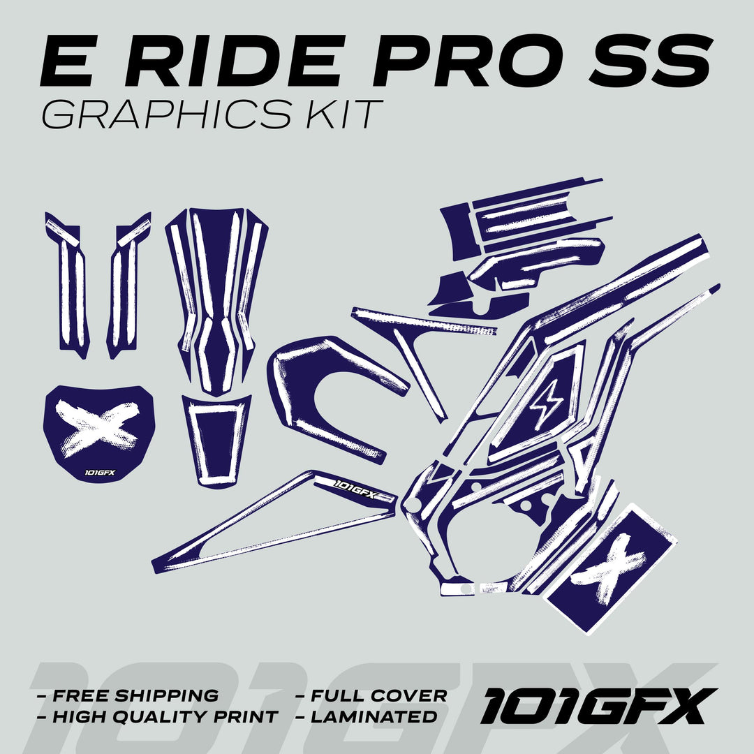 E Ride Pro SS Graphics Kit BRUSH Navy White decals arranged on pale grey, highlighting fender inserts, side panels, and more, with features like free shipping and high-quality print.