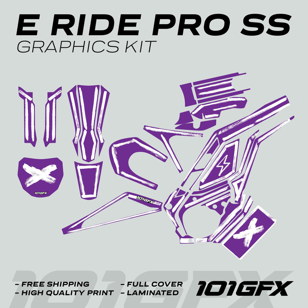 E Ride Pro SS Graphics Kit BRUSH Purple White shown with purple-and-white vinyl decals for scooter body, highlighting durability, easy application, and full coverage.