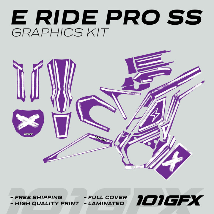 E Ride Pro SS Graphics Kit BRUSH Purple White shown with purple-and-white vinyl decals for scooter body, highlighting durability, easy application, and full coverage.