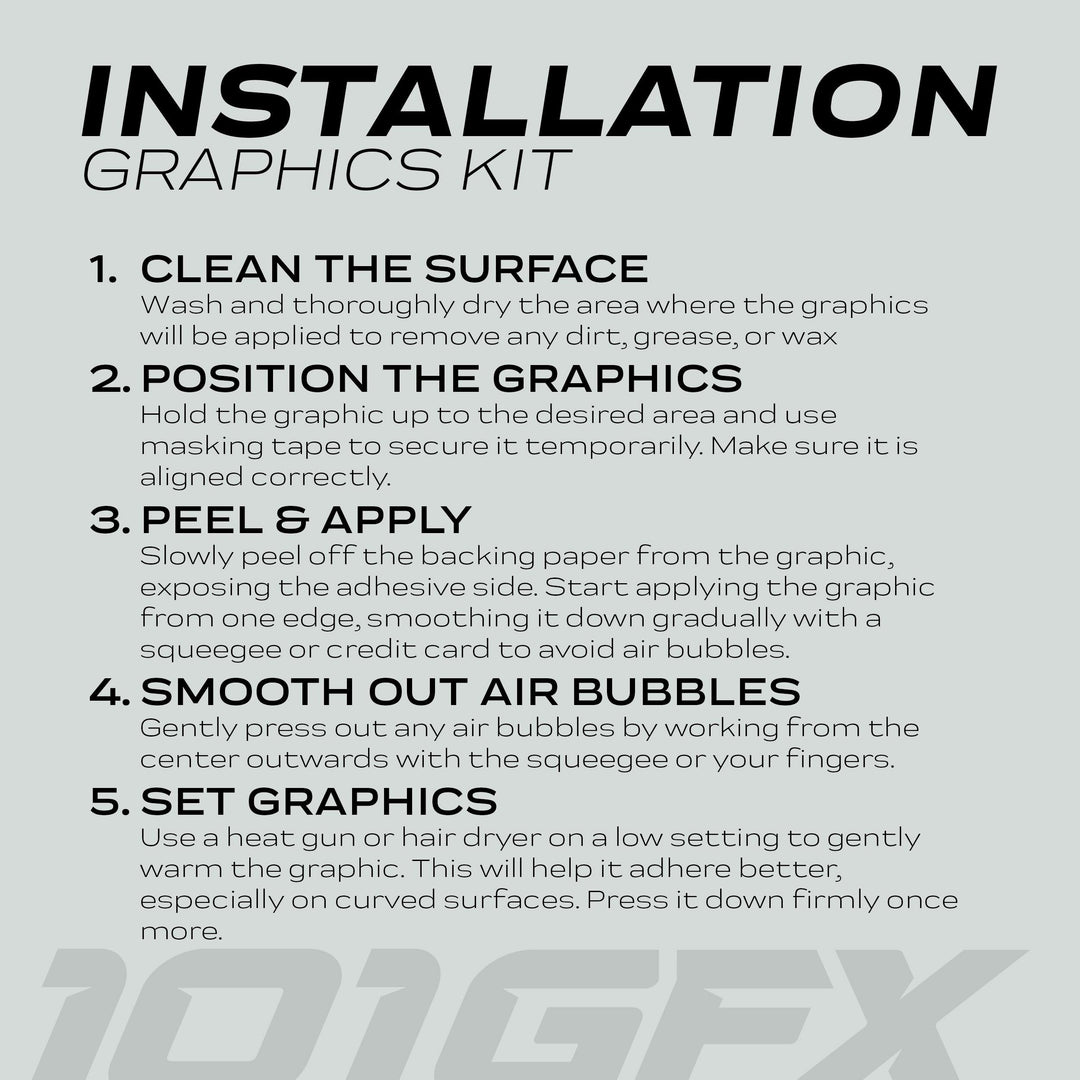 E Ride Pro SS Graphics Kit BRUSH Greenish White installation sheet detailing five steps for applying vinyl decals to vehicles, including cleaning, positioning, applying, smoothing, and setting.