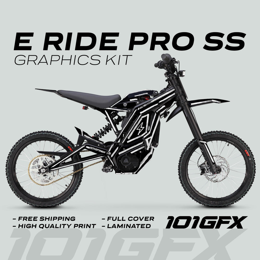 E Ride Pro SS Graphics Kit BRUSH Black White shown on black e-dirt bike in profile, featuring stylized decals, highlighting free shipping, high-quality print, and laminated full-cover design.