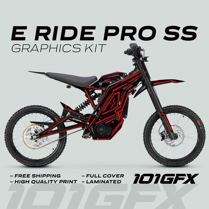 E Ride Pro SS Graphics Kit BRUSH Black Red displayed on an electric bike, highlighting bold design, easy application, and durable, weather-resistant materials.
