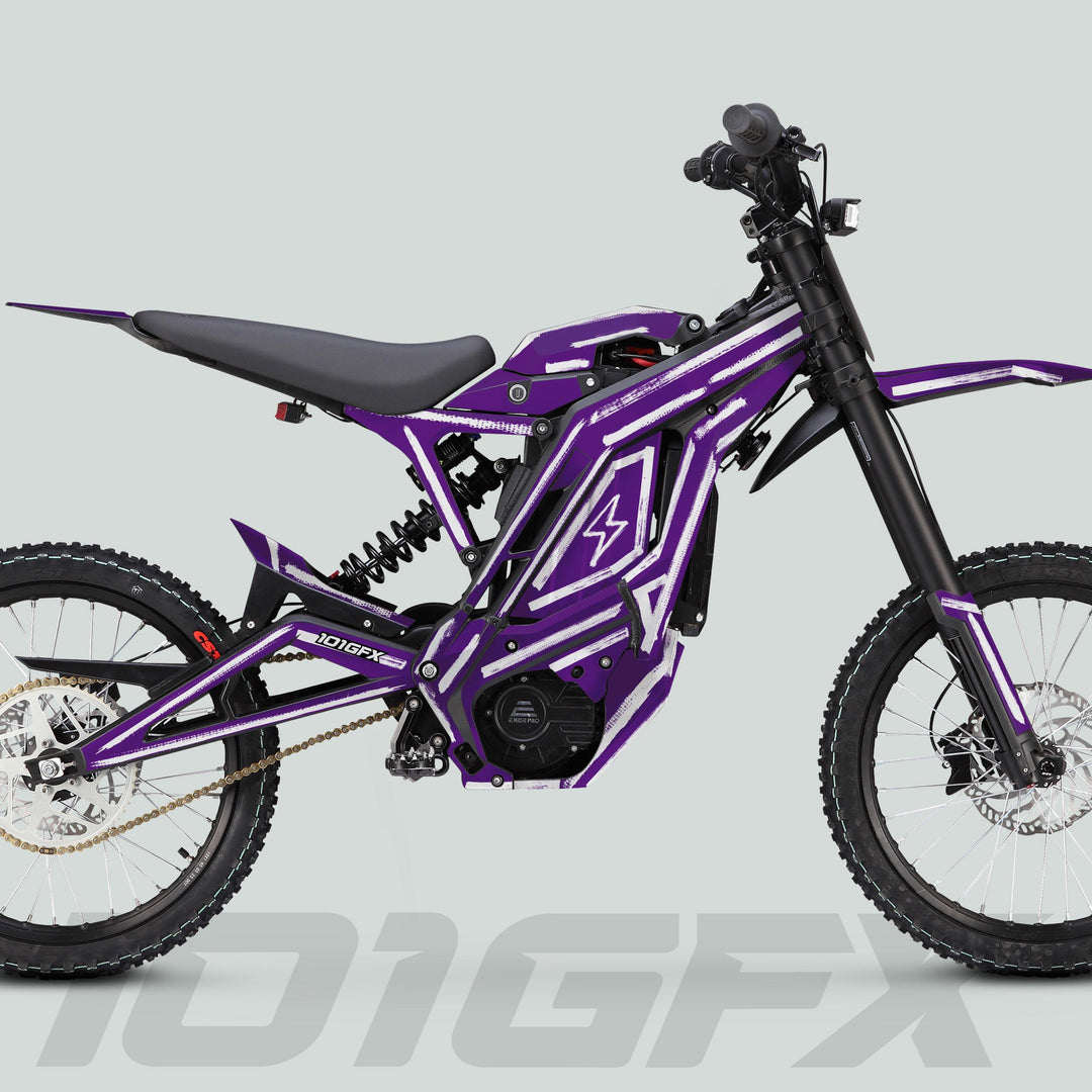 Side-profile of an off-road electric motorcycle with E Ride Pro SS Graphics Kit BRUSH Purple White, featuring reinforced frame, stylized graphics, and advanced off-road suspension.
