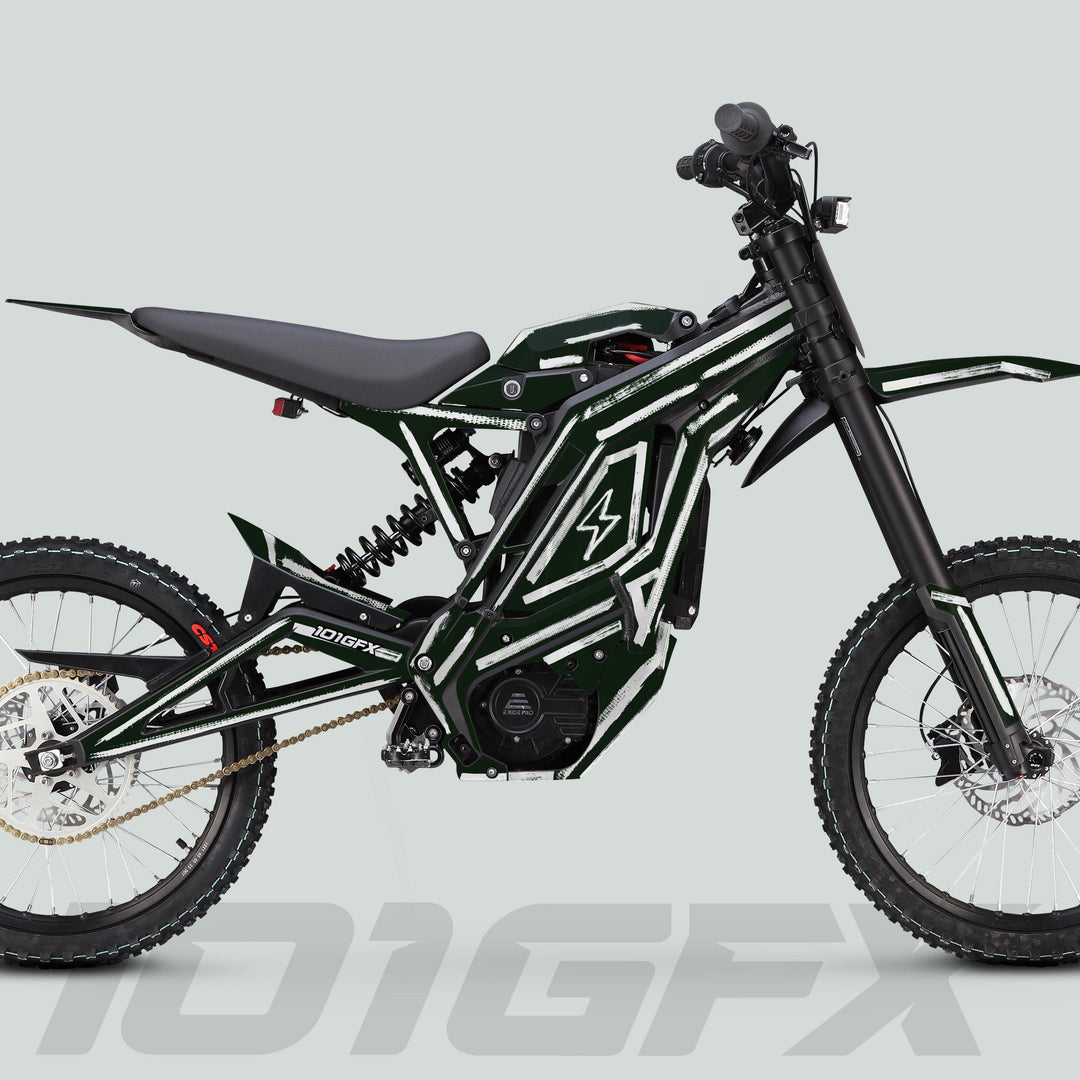 E Ride Pro SS Graphics Kit on an e-dirt bike, featuring a greenish-white design, enhances aesthetics and durability on a dark green tubular frame.
