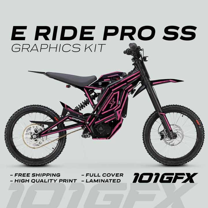 E Ride Pro SS Graphics Kit BRUSH Black Pink on an electric dirt-bike, featuring hot-pink and black decals, emphasizes durability, easy application, and vibrant aesthetics.