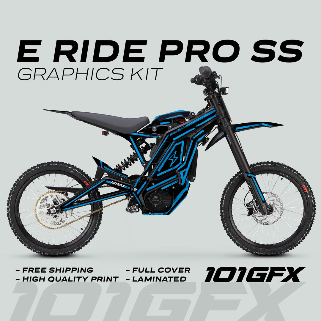 Electric off-road motorcycle with E Ride Pro SS Graphics Kit BRUSH Black Cyan, featuring blue-black decals, knobby tires, and durable, easy-to-apply vinyl graphics.