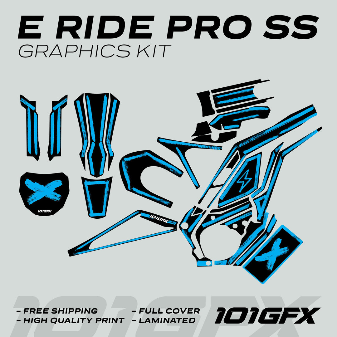 E Ride Pro SS Graphics Kit BRUSH Black Cyan displayed with vinyl decals laid out, highlighting free shipping, high-quality print, full cover, and laminated features.